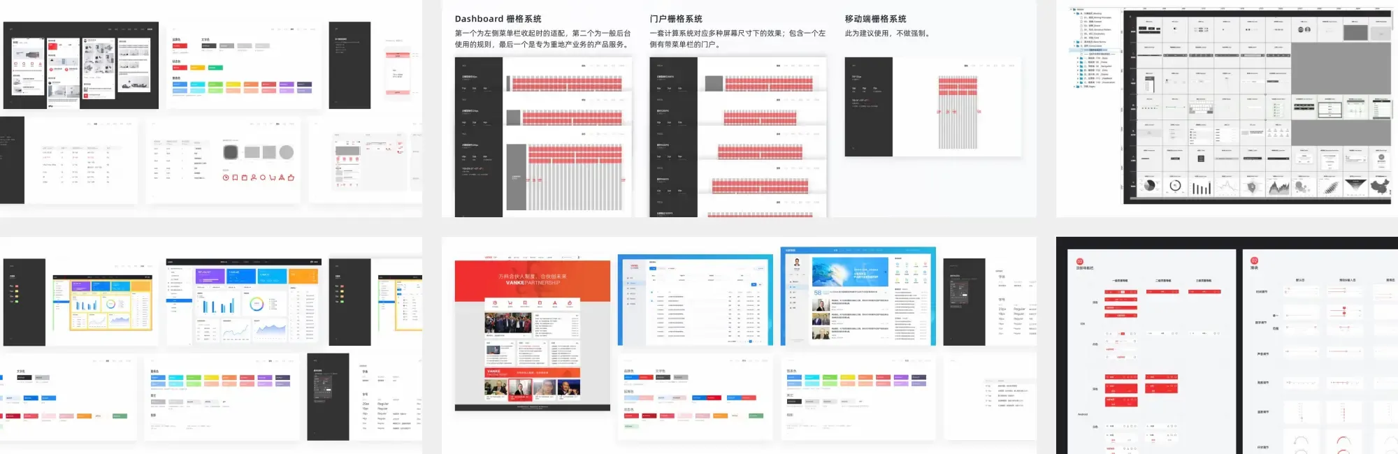 万科数字设计系统交付总览,包含多终端页面、栅格规则、色彩与字体规范、图标及组件状态